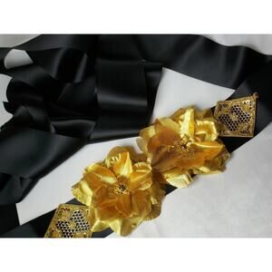 Gold Black floral bridal wedding dress formal evening wear belt prom party belt